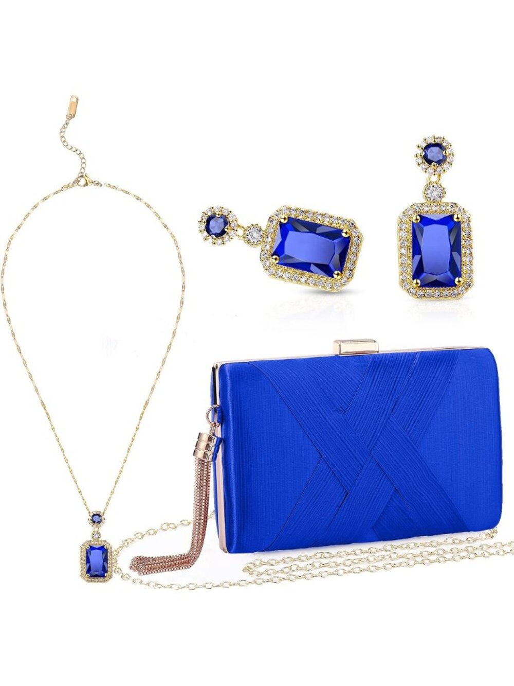 Women's Blue 3 Piece Clutch Purse Set Evening Handbag Jewelry Gifts
